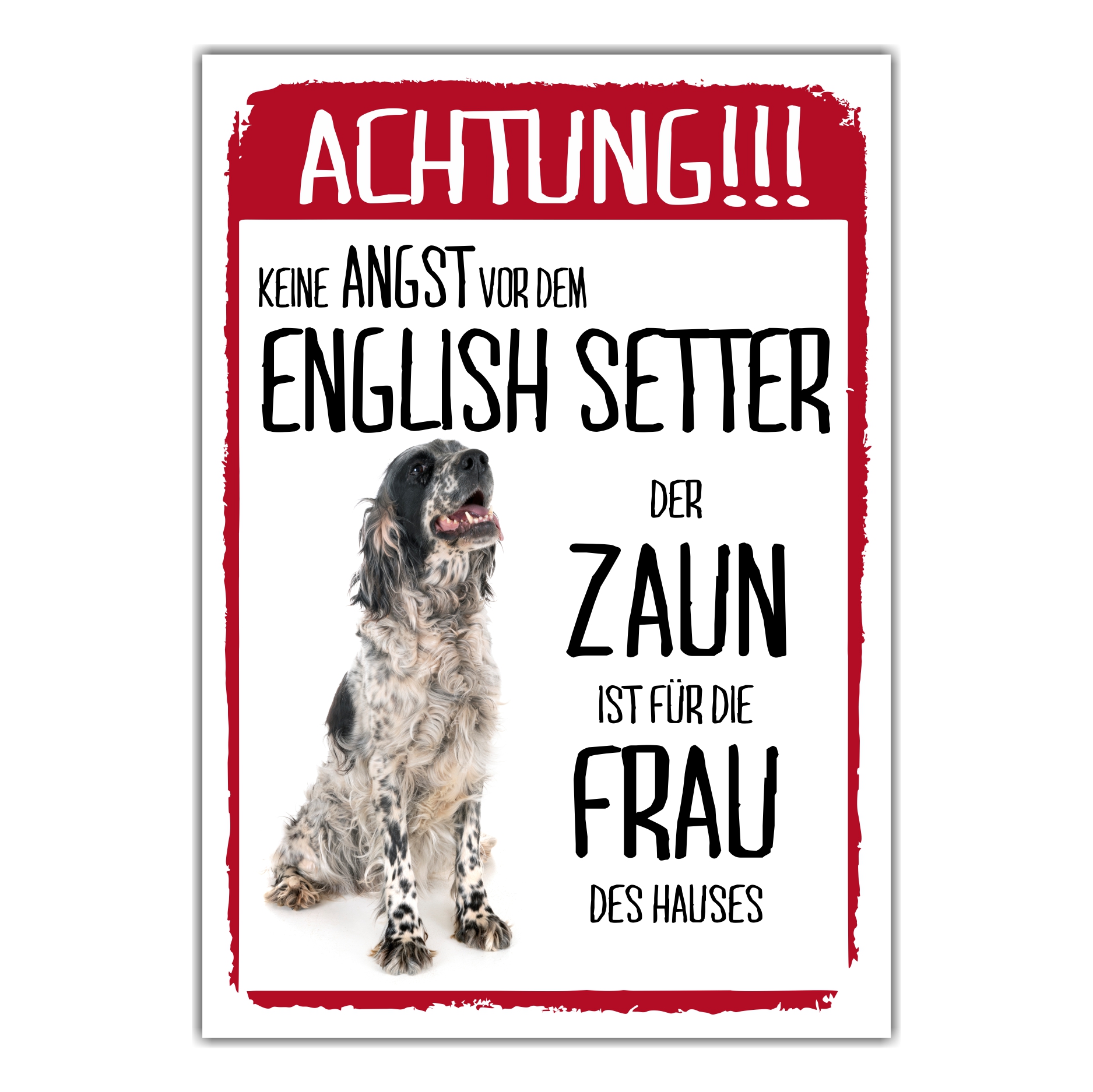 English Setter Dog Schild Achtung Zaun Frau Spruch Türschild Hundeschild Warnschild Fun