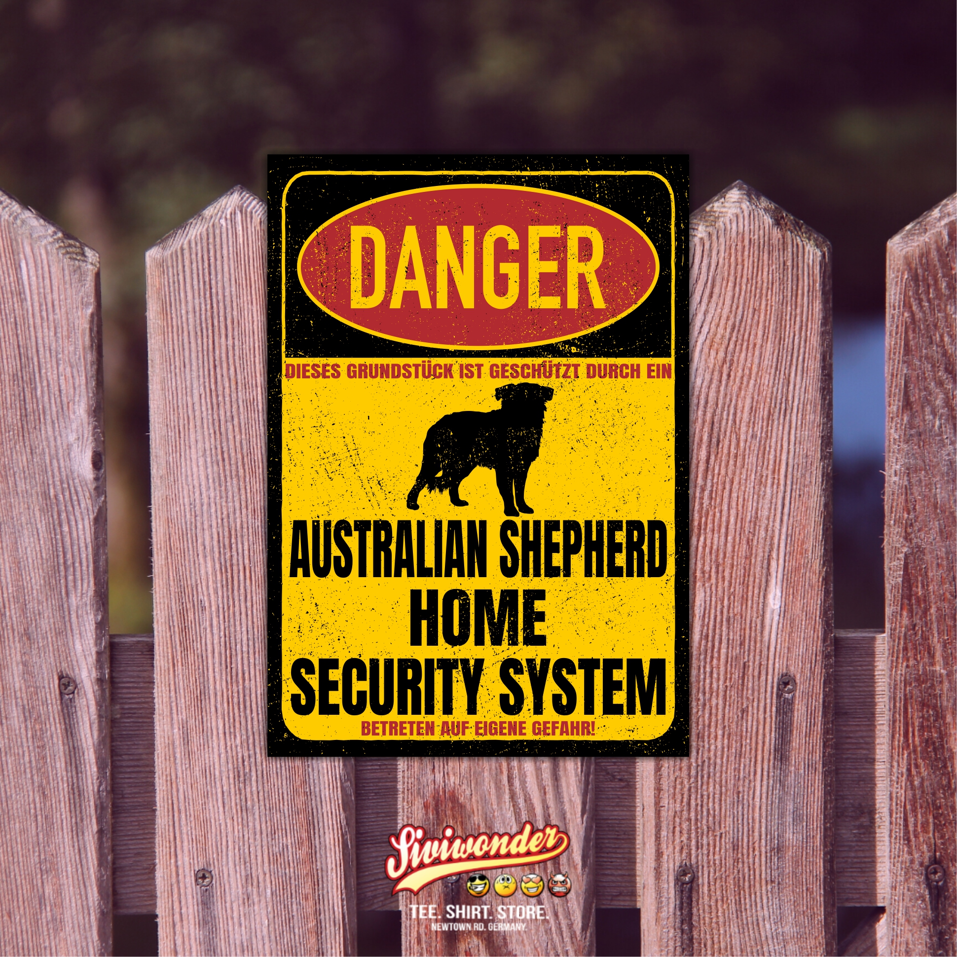 Australian Shepherd Aussie Australischer Schäferhund blue merle Dog Türschild Danger Security System Warnschild Hund Schilder Hundeschild happy Design by Siviwonder