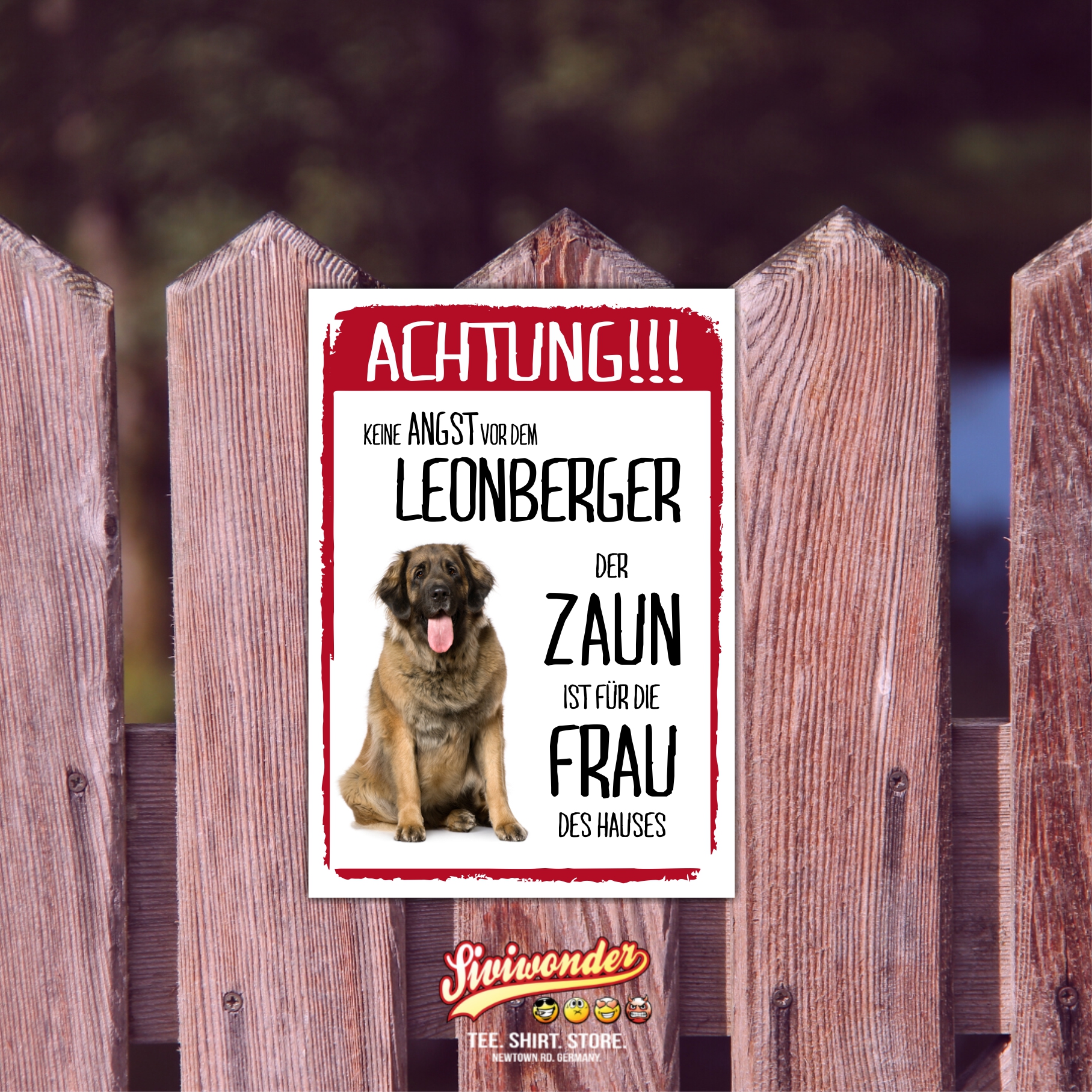 Leonberger Dog Schild Achtung Zaun Frau Spruch Türschild Hundeschild Warnschild Fun