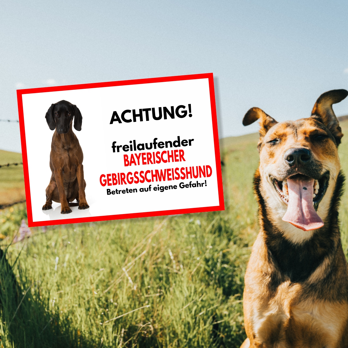 Bayerischer Gebirgsschweißhund Freilaufender Hund Dog Schild Spruch Türschild Hundeschild Warnschild