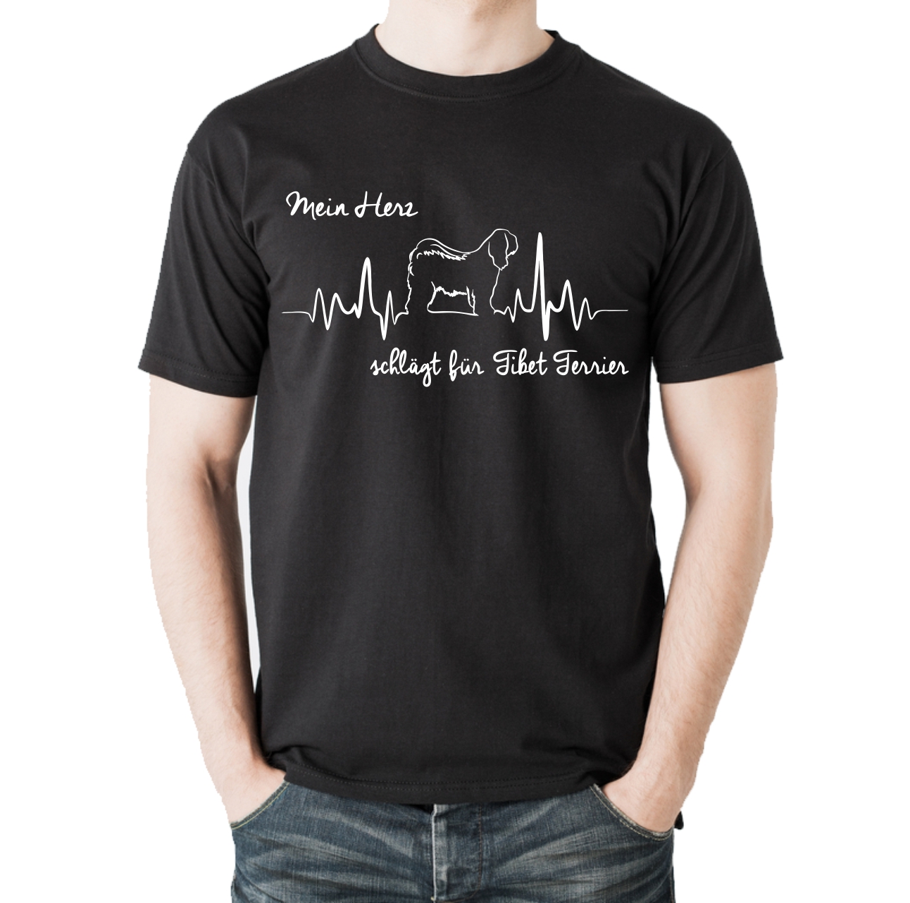TIBET TERRIER UNISEX T-SHIRT HEARTBEAT EKG Hund Hundemotiv Herz Herzschlag