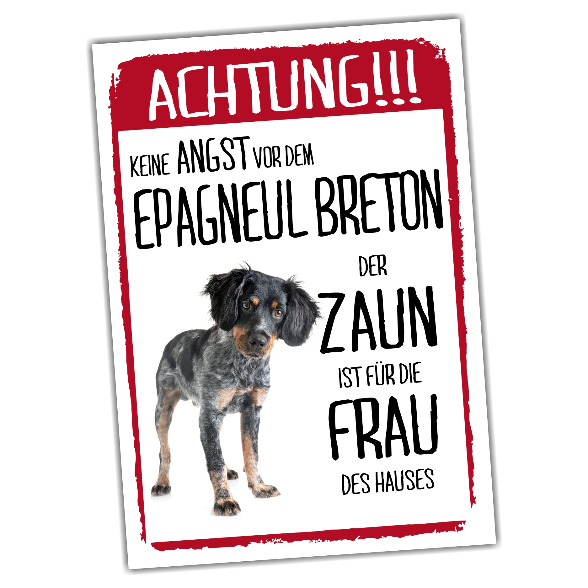 Epagneul Breton Dog Schild Achtung Zaun Frau Spruch Türschild Hundeschild Warnschild Fun
