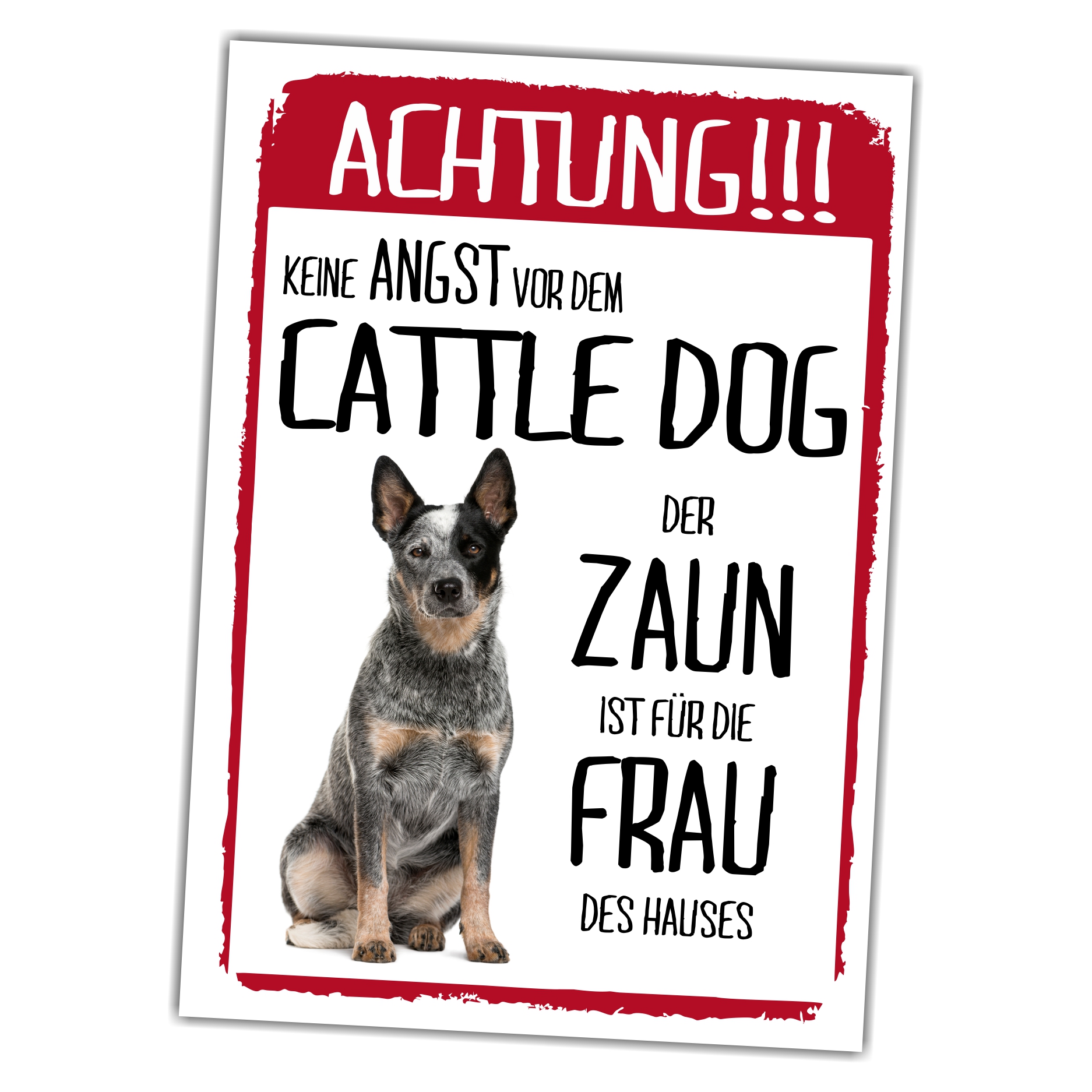 Cattle Dog Schild Achtung Zaun Frau Spruch Türschild Hundeschild Warnschild Fun