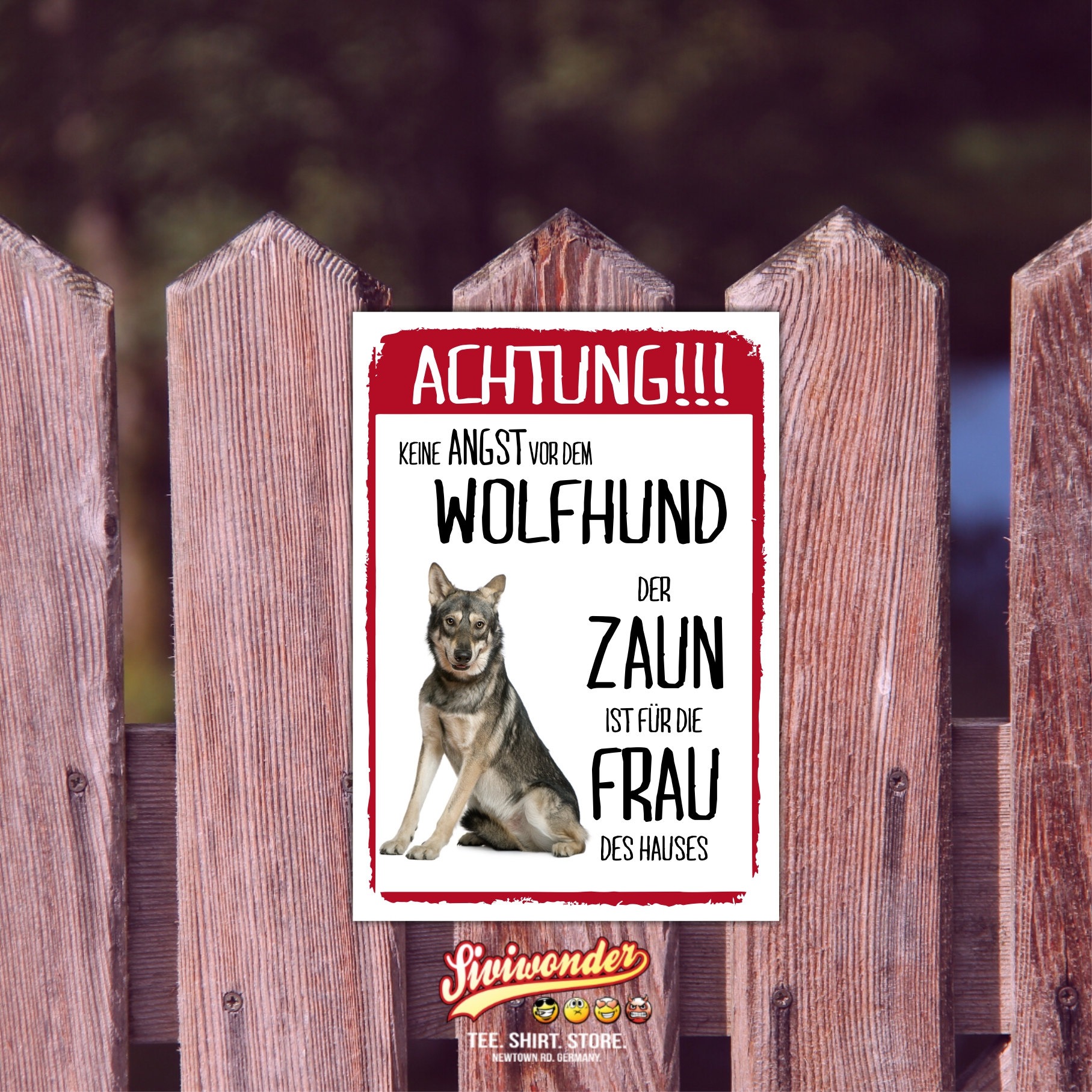 Wolfhund Dog Schild Achtung Zaun Frau Spruch Türschild Hundeschild Warnschild Fun