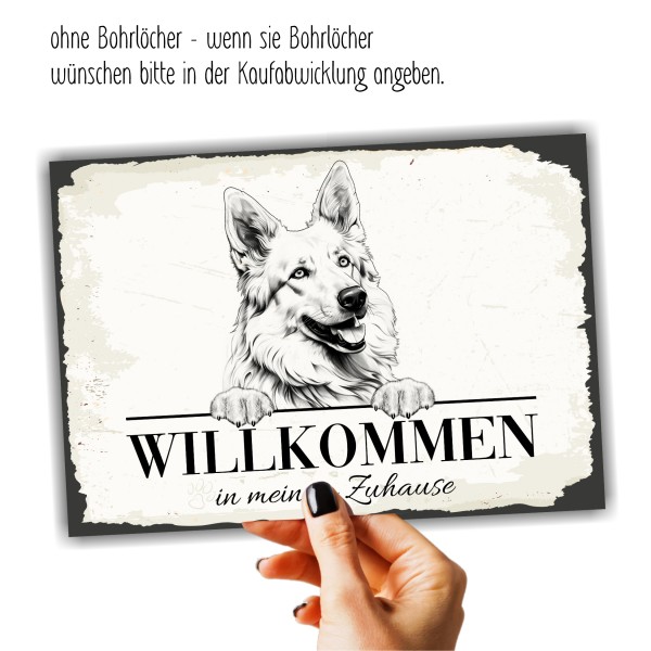 Hundeschild Willkommen Zuhause Schweizer Schäferhund weißer Schild Achtung Spruch