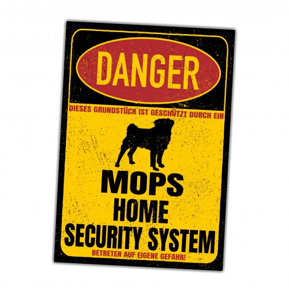 Mops Türschild Danger Security System Warnschild Hund Schilder Hundeschild