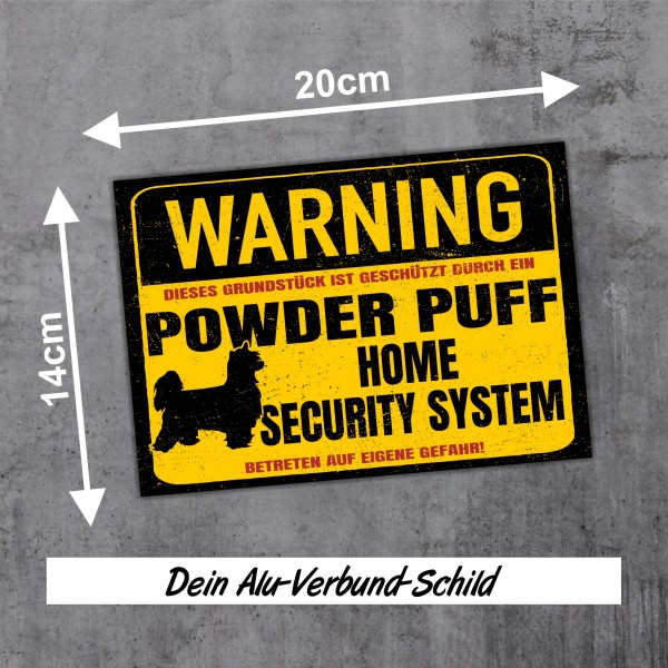 Schild Powder Puff Warning Security System Türschild Hundeschild Warnschild Hund Schopfhund