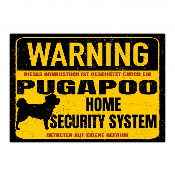 Schild Pugapoo Mops Pudel Mix Warning Security System Türschild Hundeschild Warnschild Hund