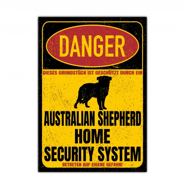 Australian Shepherd Aussie Australischer Schäferhund blue merle Dog Türschild Danger Security System Warnschild Hund Schilder Hundeschild happy Design by Siviwonder