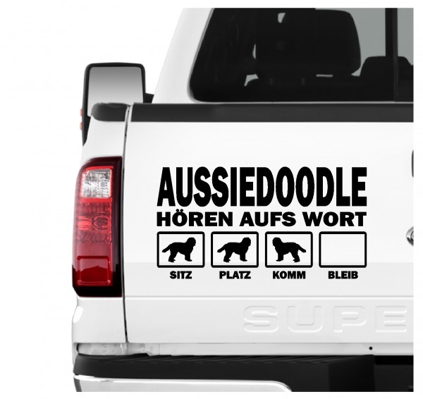 Aussiedoodle Australian Shepherd Mischling Pudel Designerhund Dog Hört aufs Wort Hunde Aufkleber Sticker Autoaufkleber