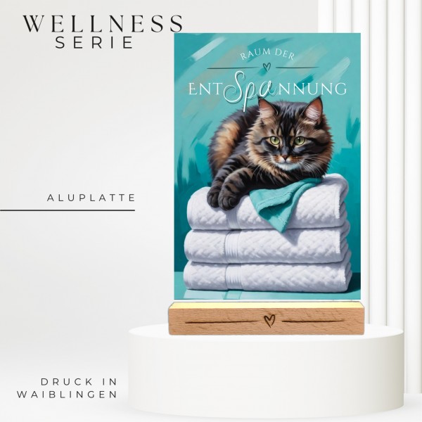 Katzen Schild Wellness Handtuch Entspannung Schild Spruch