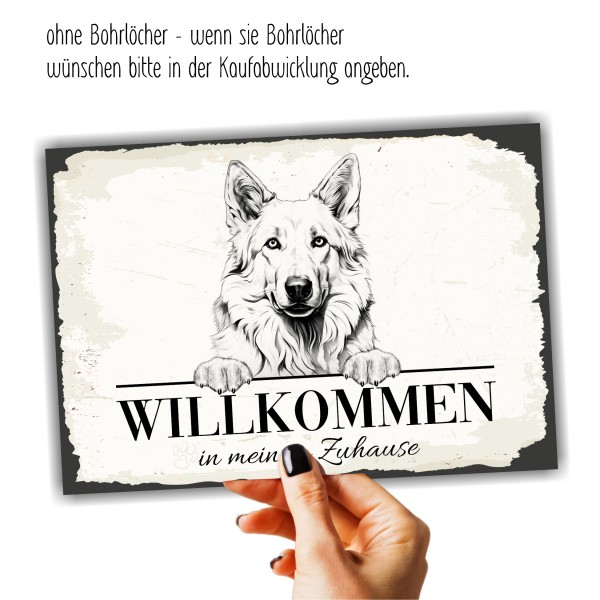 Hundeschild Willkommen Zuhause Schweizer Schäferhund weißer Schild Achtung Spruch