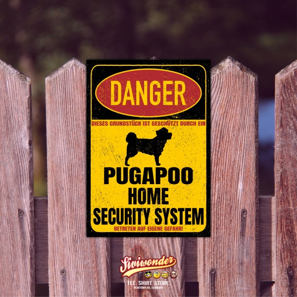 Pugapoo Mops Pudel Mix Türschild Danger Security System Warnschild Hund Schilder Hundeschild