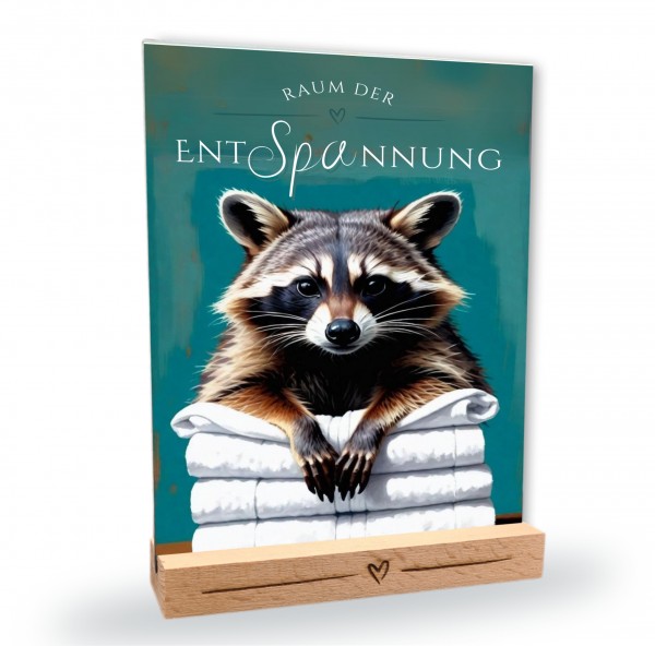 Waschbär Racoon Schild Wellness Handtuch Entspannung Schild Spruch