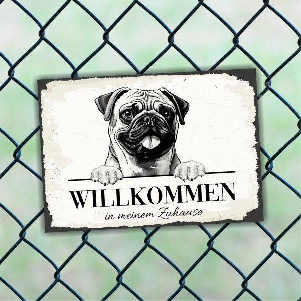 Hundeschild Willkommen Zuhause Mops Pug Schild Achtung Spruch