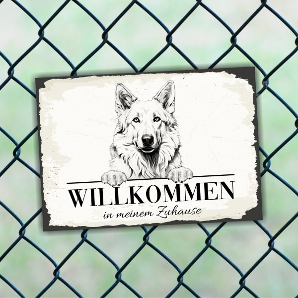 Hundeschild Willkommen Zuhause Schweizer Schäferhund weißer Schild Achtung Spruch