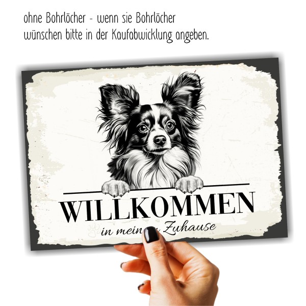 Hundeschild Willkommen Zuhause Papillon Zwergspaniel Schild Achtung Spruch