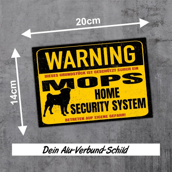 Mops Pug Carlino Schild Warning Security System Türschild Hundeschild Warnschild Hund Achtung