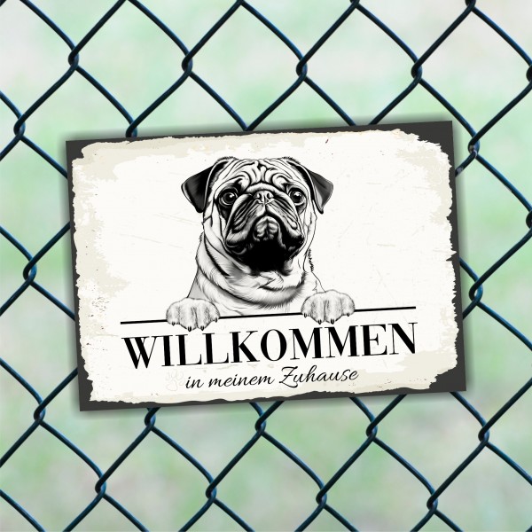 Hundeschild Willkommen Zuhause Mops Pug Schild Achtung Spruch