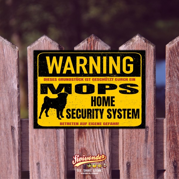 Mops Pug Carlino Schild Warning Security System Türschild Hundeschild Warnschild Hund Achtung