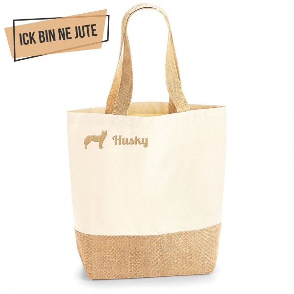 Husky Jute Shopper Einkaufstasche Hundemotiv Stickerei