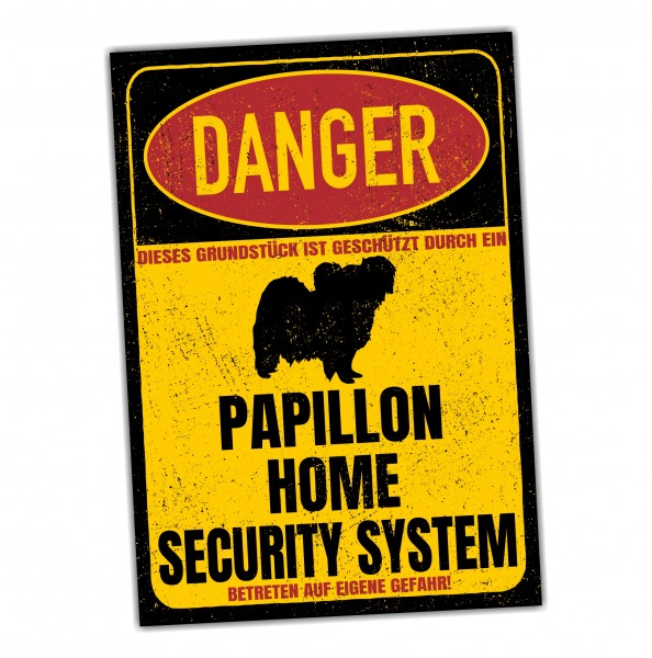 Papillon Zwergspaniel Türschild Danger Security System Warnschild Hund Schilder Hundeschild