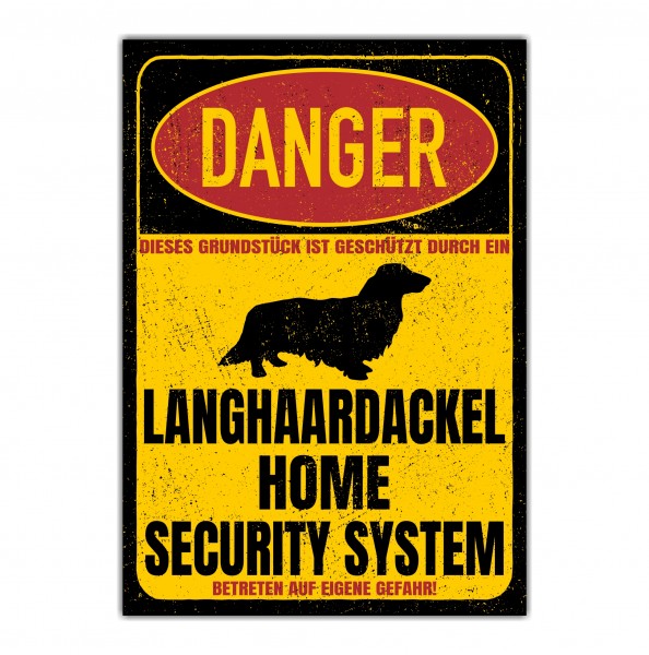 Langhaardackel Dackel Teckel Dachshund Langhaar Dog Türschild Danger Security System Warnschild Hund Schilder Hundeschild