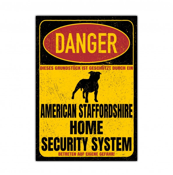 American Staffordshire Terrier USA Pit Bull Terrier Dog Türschild Danger Security System Warnschild Hund Schilder Hundeschild happy Design by Siviwonder