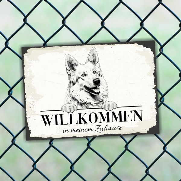 Hundeschild Willkommen Zuhause Schweizer Schäferhund weißer Schild Achtung Spruch