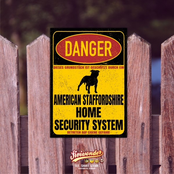 American Staffordshire Terrier USA Pit Bull Terrier Dog Türschild Danger Security System Warnschild Hund Schilder Hundeschild happy Design by Siviwonder