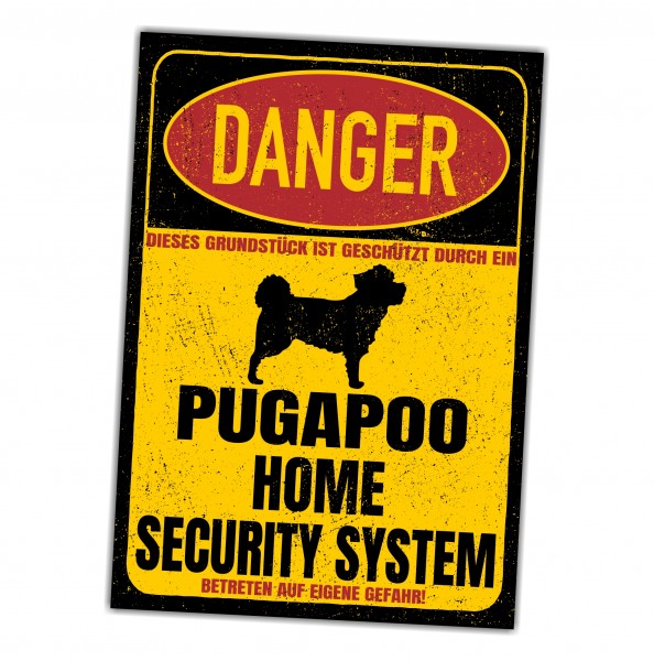 Pugapoo Mops Pudel Mix Türschild Danger Security System Warnschild Hund Schilder Hundeschild