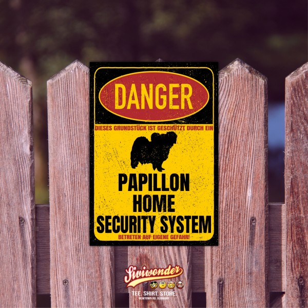 Papillon Zwergspaniel Türschild Danger Security System Warnschild Hund Schilder Hundeschild