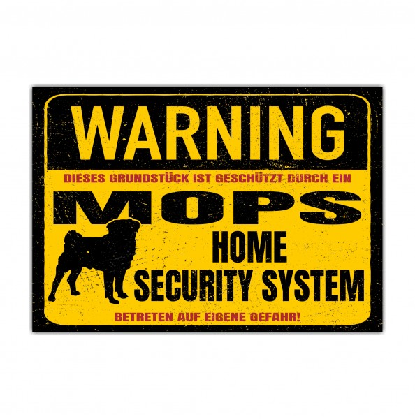 Mops Pug Carlino Schild Warning Security System Türschild Hundeschild Warnschild Hund Achtung