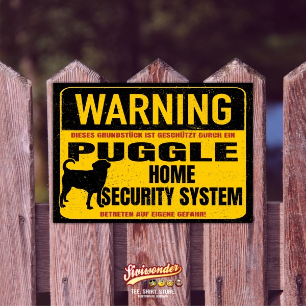 Schild Puggle Mops Beagle Mix Warning Security System Türschild Hundeschild Warnschild Hund