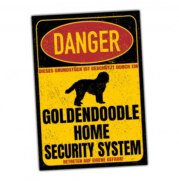 Goldendoodle Doodle Goldie Golden Retriever Pudel Mix Mischling Dog Türschild Danger Security System Warnschild Hund Schilder Hundeschild happy Design by Siviwonder