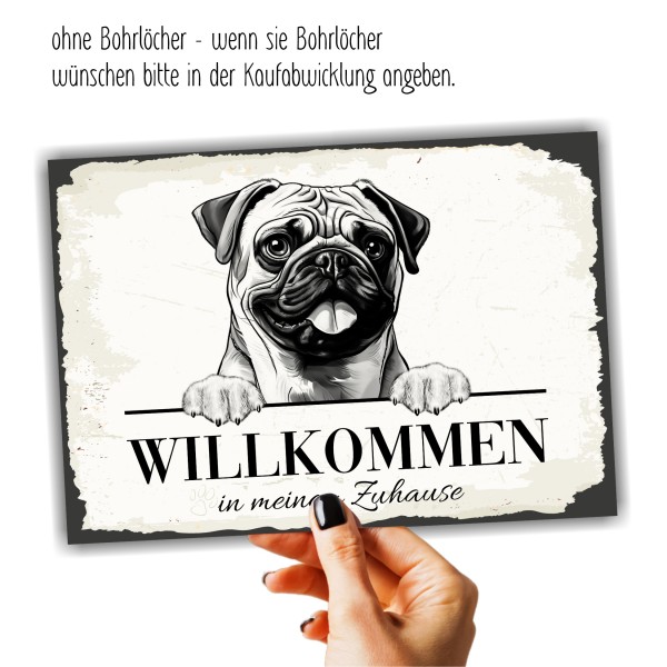 Hundeschild Willkommen Zuhause Mops Pug Schild Achtung Spruch