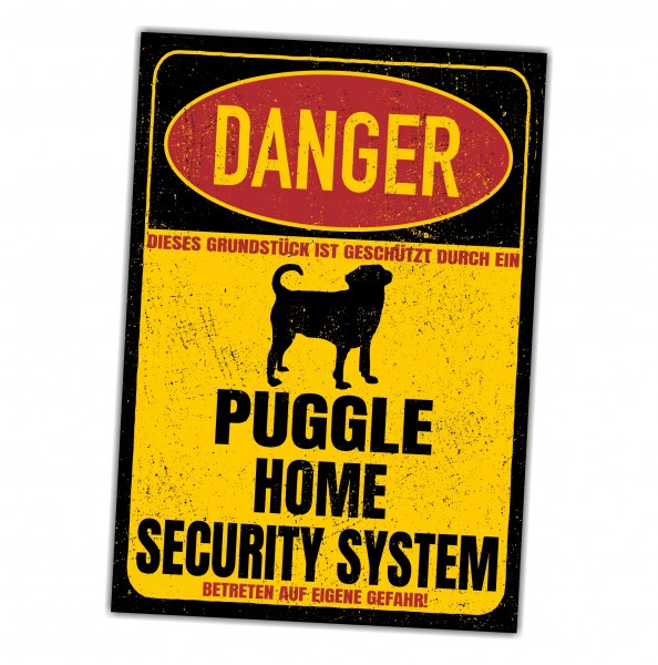 Puggle Mops Beagle Türschild Danger Security System Warnschild Hund Schilder Hundeschild