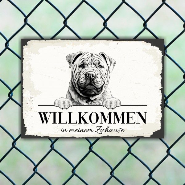 Hundeschild Willkommen Zuhause Shar Pei Faltenhund Schild Achtung