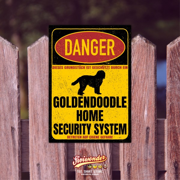 Goldendoodle Doodle Goldie Golden Retriever Pudel Mix Mischling Dog Türschild Danger Security System Warnschild Hund Schilder Hundeschild happy Design by Siviwonder