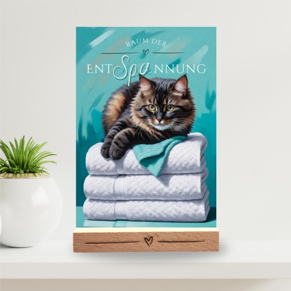 Katzen Schild Wellness Handtuch Entspannung Schild Spruch