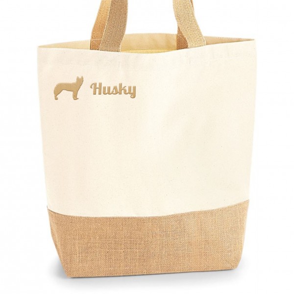 Husky Jute Shopper Einkaufstasche Hundemotiv Stickerei