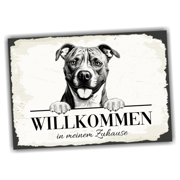 Hundeschild Willkommen Zuhause American Staffordshire Terrier Schild Achtung Zaun Frau Spruch Türschild Hundeschild Warnschild Design by Siviwonder