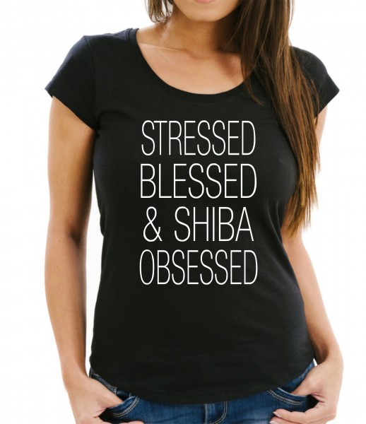 Shiba Inu Damen T-Shirt Hundemotiv Stressed Blessed Obsessed Japan Japanese Small Size Dog Ken